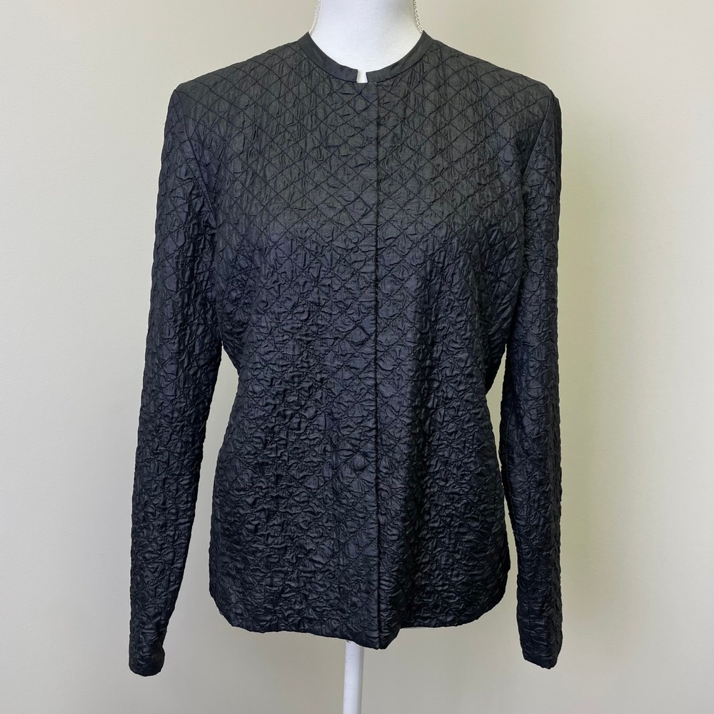 Eileen Fisher Black Silk Quilted Crinkle Snap Front Jacket Small Minimalist